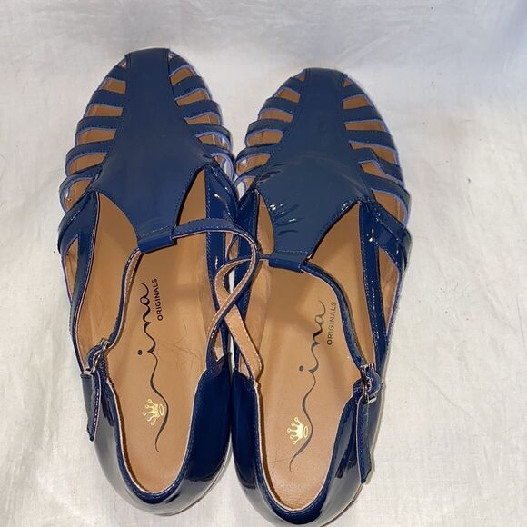 NINA ORIGINALS Edge Denim Patent Huarache Sandal-9.5 - Picture 5 of 8